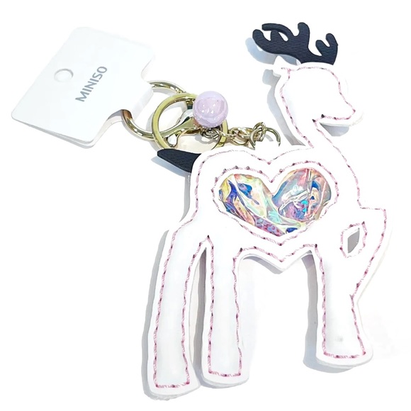 Miniso Cute Deer Bag Charm Heart Glitter Confetti Sequins Pink White Keychain - Picture 5 of 12